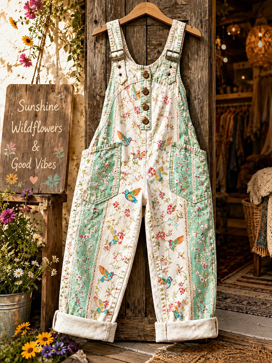 Women's Retro Style Art Print Washed Cotton Denim Patchwork Jumpsuit
